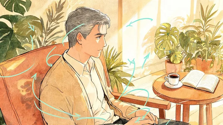 Ilustração de um homem grisalho parado na poltrona, com o café e o livro intocados ao lado, e linhas verde-água que giram sem chegar a lugar nenhum