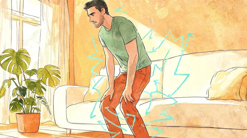 Ilustração de um homem que acabou de se levantar do sofá, inquieto, com linhas verde-água em zigue-zague em volta das pernas
