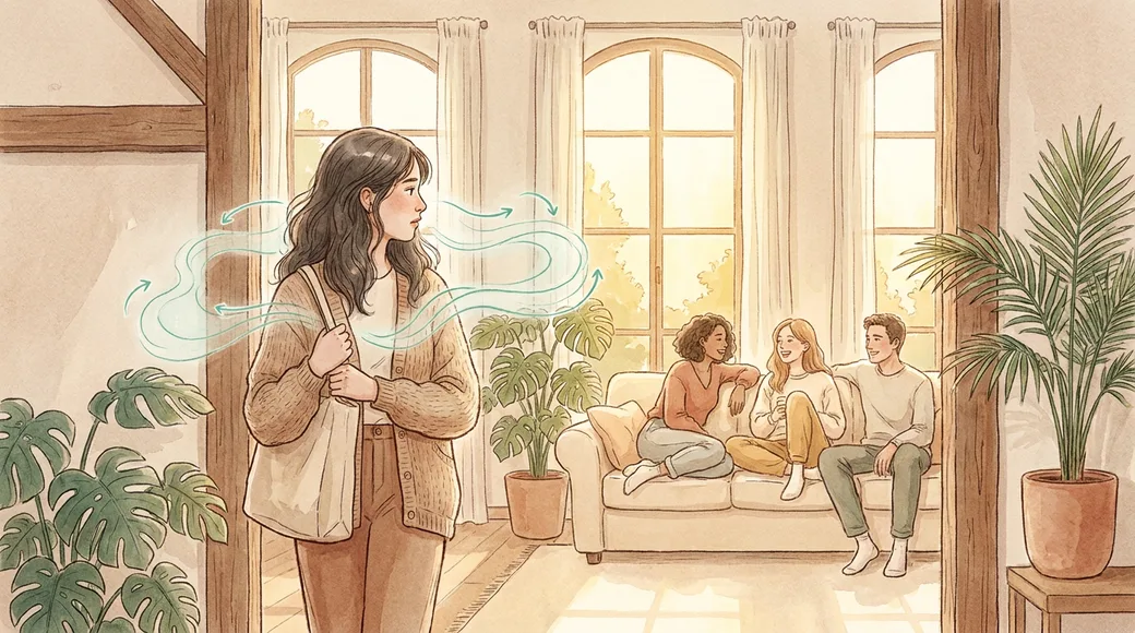 Ilustração de uma jovem parada na entrada de uma sala iluminada, segurando a alça da bolsa, enquanto três amigos conversam no sofá; linhas verde-água em volta dela representam a tensão da ansiedade social