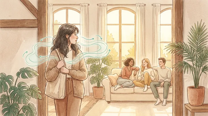 Ilustração de uma jovem parada na entrada de uma sala iluminada, segurando a alça da bolsa, enquanto três amigos conversam no sofá; linhas verde-água em volta dela representam a tensão da ansiedade social