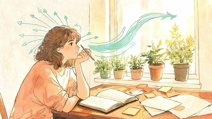Ilustração de uma mulher pensativa na escrivaninha cercada de anotações, com linhas verde-água espalhadas que se juntam em uma só direção