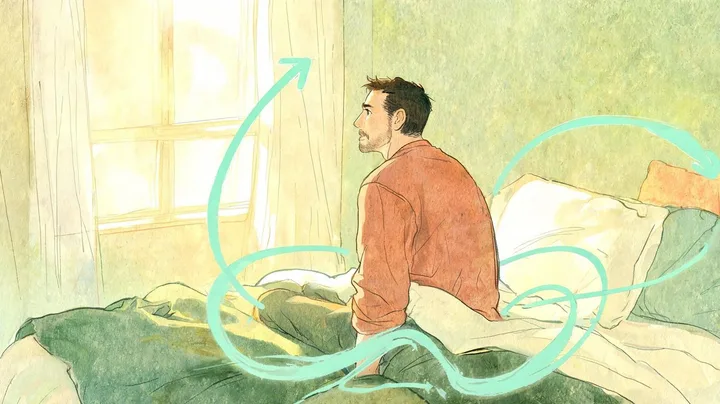 Ilustração de um homem sentado na beira da cama de manhã, olhando a luz da janela, com linhas verde-água em onda e uma linha que sobe