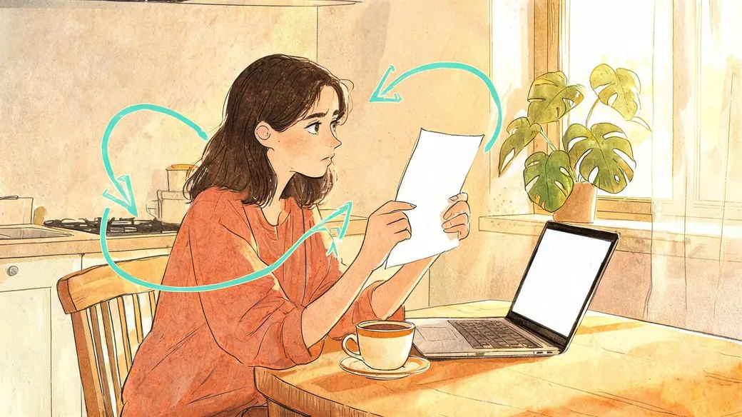 Ilustração de uma mulher na mesa da cozinha lendo um atestado médico, com café e notebook ao lado