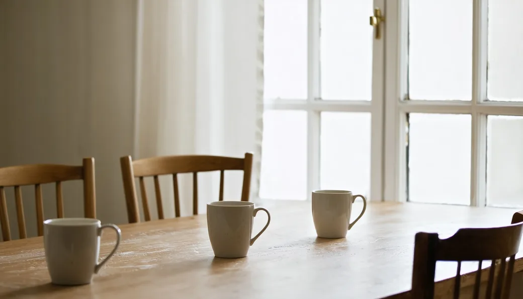 Mesa de cozinha com duas xícaras de café e cadeiras vazias, luz natural entrando pela janela, representando espaço de diálogo em família