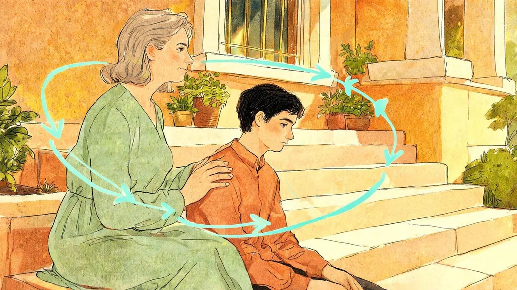 Ilustração de uma mãe com a mão no ombro do filho adulto, sentados na escada de casa, ligados por linhas verde-água