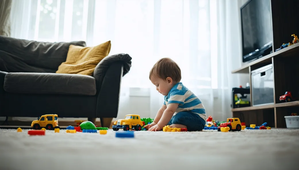 Criança hiperativa brincando em sala de estar com brinquedos espalhados no chão