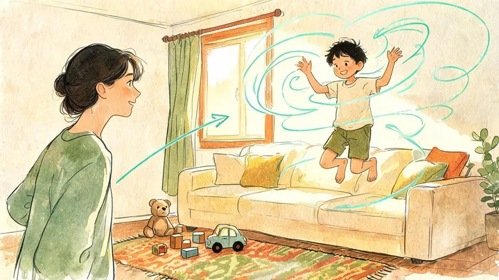 Ilustração de uma mãe observando o filho pequeno pulando do sofá na sala, com linhas verde-água girando em volta da criança