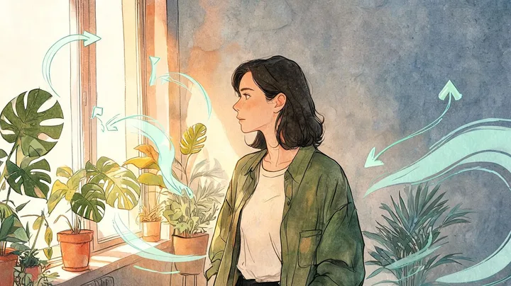 Ilustração de uma mulher de perfil junto à janela, com metade da sala ao sol e metade na sombra, e linhas verde-água que sobem e descem representando a oscilação do humor