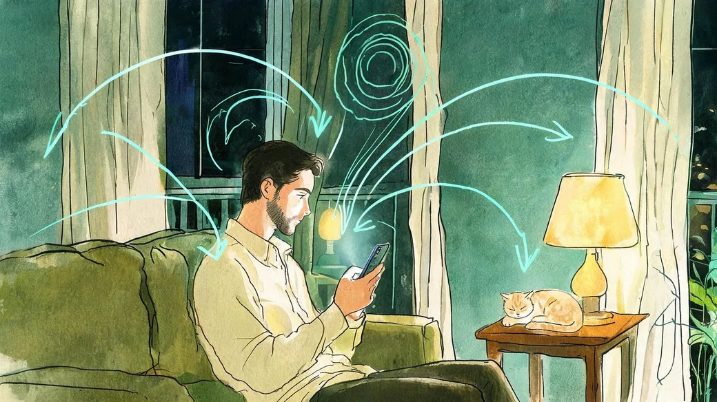 Ilustração de um homem no sofá à noite com o rosto iluminado pelo celular, com linhas verde-água puxadas para o aparelho