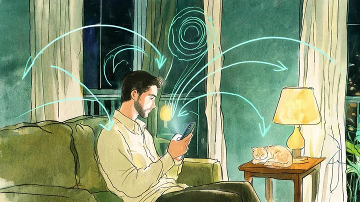 Ilustração de um homem no sofá à noite com o rosto iluminado pelo celular, com linhas verde-água puxadas para o aparelho